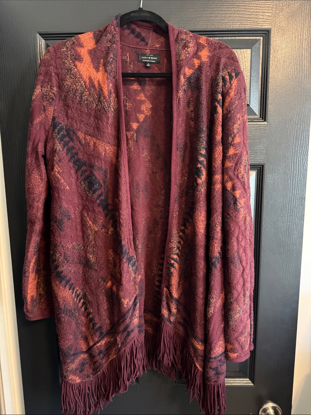 Lucky Brand Burgundy and Rust Patterned Open Fringe Cardigan size Large